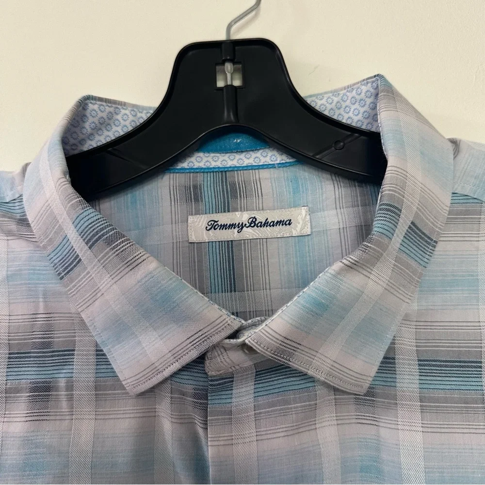 Tommy Bahama Blue Plaid Long‎ Sleeve Button shirt, Men's XXL Silk Cotton Blend
